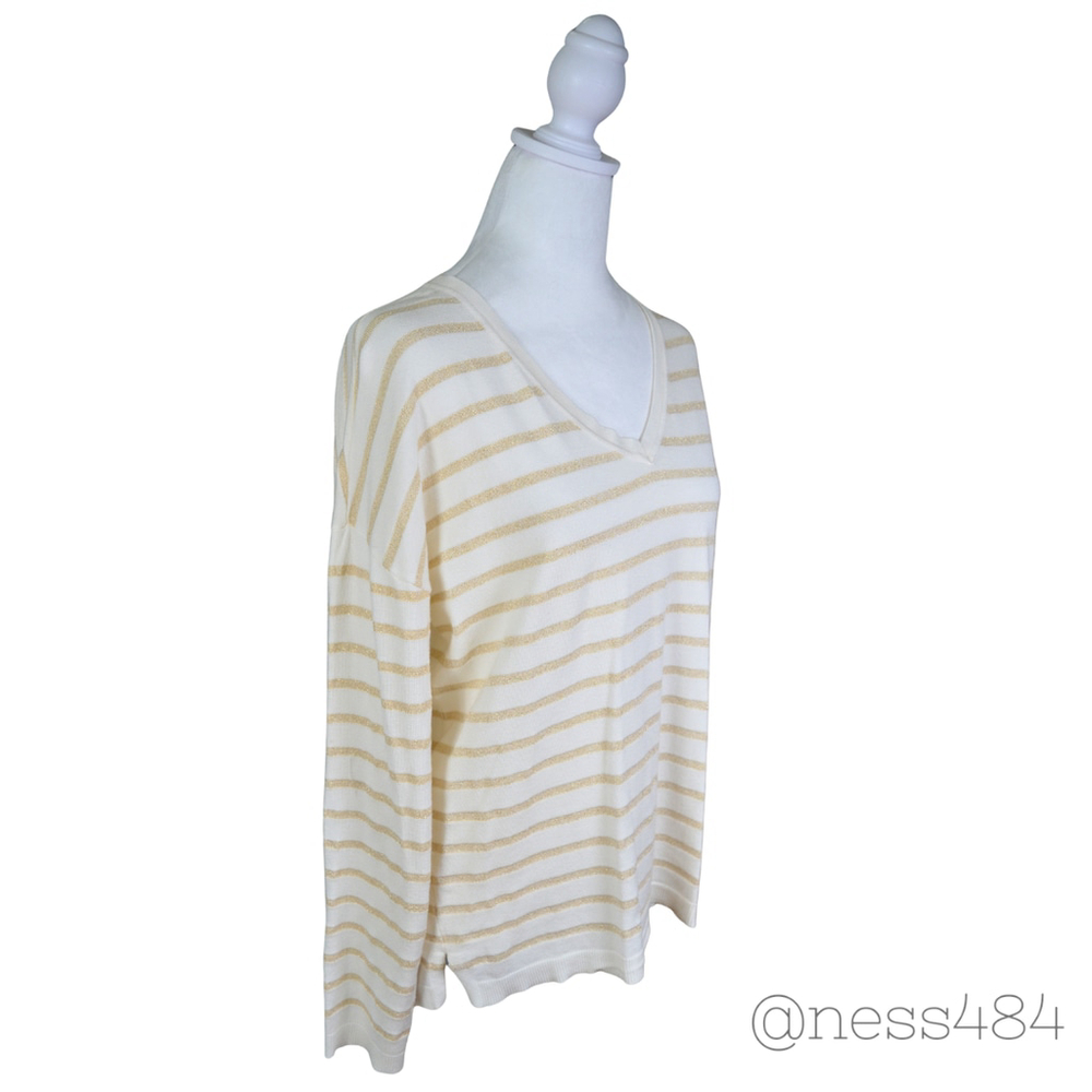 Marled Womens M Cream Gold‎ Stripe V Neck Long Sleeve Sweater Top